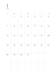 2024年1月January　シンプルカレンダー 祝日表記なし