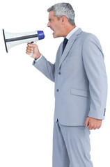 Digital png photo of caucasian businessman shouting using loudspeaker on transparent background