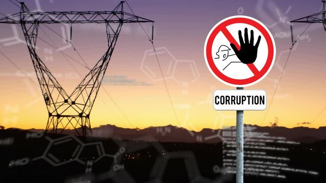 Animation of stop curruption sign board, chemical structures, data processing against network towers