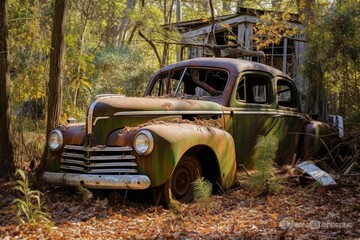Derelict vehicle left in yard beside residence. Generative AI