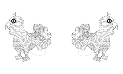 Happy thanksgiving day funny cartoon turkey coloring page stock vector illustration. Young alive turkey bird with big tail stands in profile cartoon coloring page. Ornamental turkey bird black outline