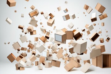 Cardboard boxes falling on white surface. Generative AI