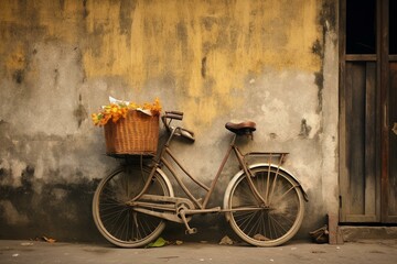 a bike next to a wall with a basket. Generative AI