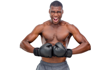 Digital png photo of african american shirtless man with boxing gloves on transparent background