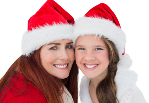 Digital png photo of caucasian mother and daughter with santa claus hats on transparent background