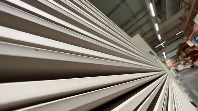 Plasterboard boards or sheetrock stacked in a warehouse of a hardware store or factory. Extreme 
 wide angle shot. Close up view
