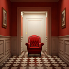 chair in the room with red and cream decoration