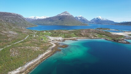 Naklejka na ściany i meble Norway from above. Beautiful landscape of the Norwegian islands. Color pictures from Lofoten.