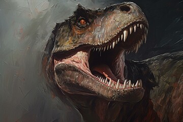 Close-up painting of a roaring T-Rex in a studio. Generative AI