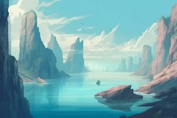 Deurstickers Illustration of a futuristic landscape with cliffs and water. Generative AI © Joseph