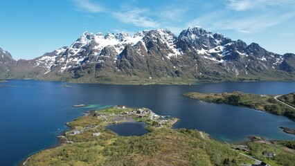 Fototapeta na wymiar Lofoten. Magical landscape of mountains and sea. View from above.