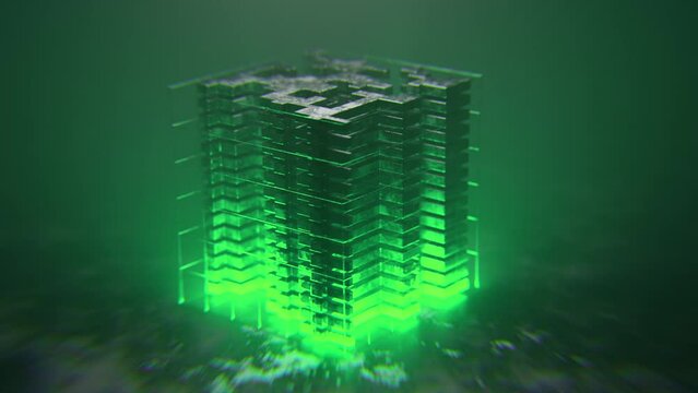 Green block building transforms in a 3D animation