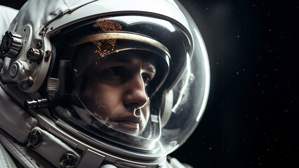Fototapeta premium The close up portrait of a confident astronaut’s face in a spacesuit on the dark space background with lights of stars, Generative AI.