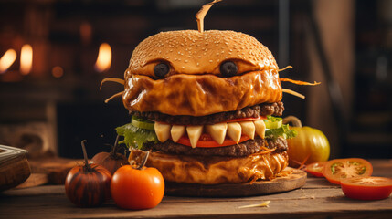 Halloween party burger in shape of scary pumpkin on, generative ai