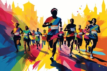 marathon winner finish vector background and group of runners for poster Generative AI - obrazy, fototapety, plakaty