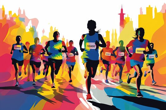 marathon winner finish vector background and group of runners for poster Generative AI