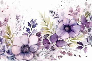 Purple floral spring border with vintage garden watercolor design. Generative AI - obrazy, fototapety, plakaty