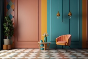 Retro-style interior with colorful walls adorned in a mockup of vibrant, 3D-rendered furniture. Generative AI