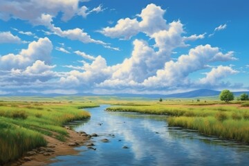 Fototapeta na wymiar Idaho summer landscape: blue skies, water, clouds in serene nature scene. Generative AI