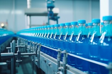 Blue conveyor belt in beverage factory with juice bottles on industrial production line. Generative AI