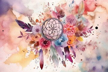 Pattern with colorful flowers and a dreamcatcher on a watercolor background. Generative AI - obrazy, fototapety, plakaty