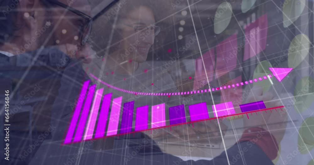 Poster animation of arrow on falling graph over caucasian coworkers discussing strategy on sticky notes