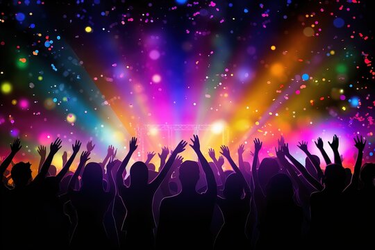 image of a vibrant concert crowd illuminated by colorful stage lights falling confetti live music Generative AI