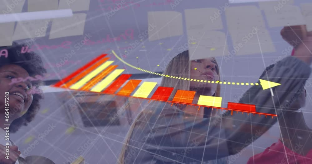 Poster animation of falling graph, low angle view of diverse coworkers discussing strategy on sticky notes