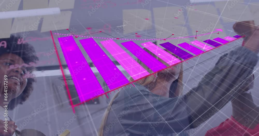 Poster animation of falling graph, low angle view of diverse coworkers discussing strategy on sticky notes