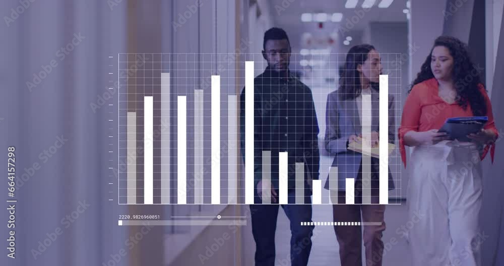 Poster animation of graph and loading bars, diverse coworkers discussing reports while walking in corridor