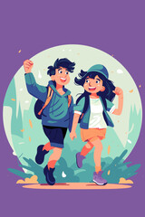 Obraz na płótnie Canvas Happy smiling boy and girl with backpacks in the park. Vector illustration