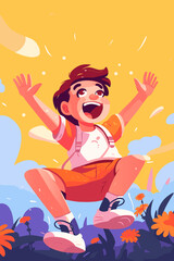 Cute happy boy jumping in the park. Vector cartoon illustration.
