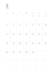  2024年2月february　シンプルカレンダー 祝日表記なし