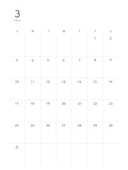 2024年3月march　シンプルカレンダー 祝日表記なし