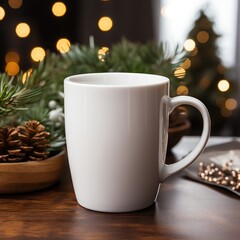 Obraz na płótnie Canvas Mug of hot drink on a wooden table with christmas decorations