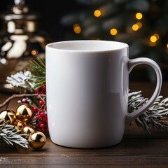 Obraz na płótnie Canvas Cup of hot drink with christmas decoration on wooden background.