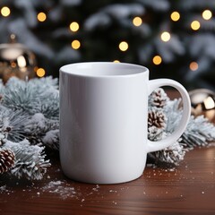 Obraz na płótnie Canvas Cup of hot drink on wooden table near Christmas tree, closeup