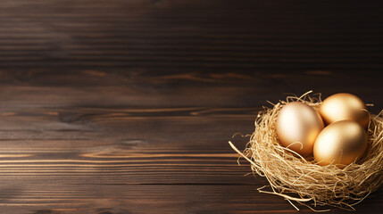 Golden egg in a nest on wooden table.