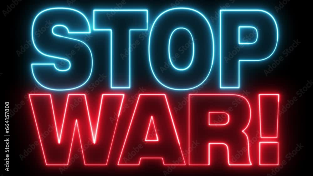 Poster stop war text font with light. luminous and shimmering haze inside the letters of the text stop war.