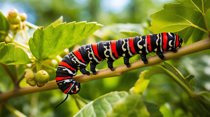 Caterpillar with a striped pattern on a tree.
