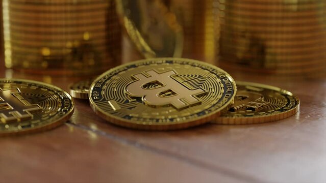 Bitcoins on the wooden table