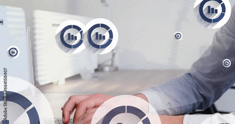 Aufkleber animation of graph icon in circles over caucasian man closing laptop after completing work
