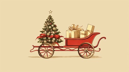 Fototapeta na wymiar 赤いそりの上にゴールドのプレゼントが積んである。赤いリボンで飾られた大きなクリスマスツリーも乗っている。