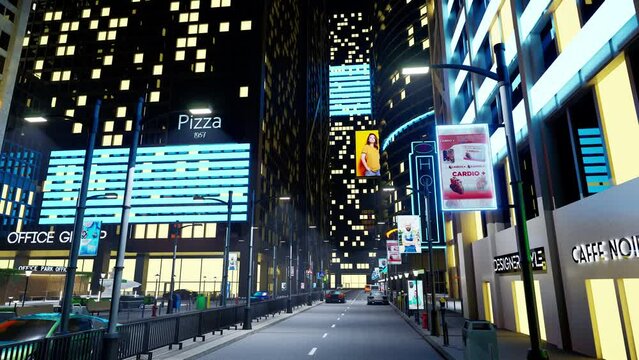 Urban city boulevard at night with cars driving past skyscrapers and OOH billboards. Panning shot of empty town with streets illuminated by commercial signs and lamp posts, 3d render animation