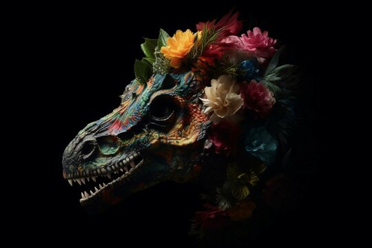 A flowery dinosaur head against a black backdrop. Generative AI