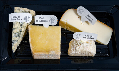 French cheeses collection, degustation plate, bleu de saint flour, pave de correse cow cheese,...