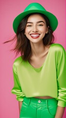 Fototapeta premium portrait of a girl isolated pink background 