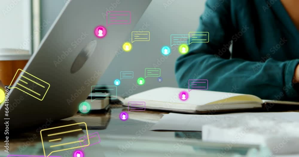 Poster animation of profile icons and message boxes over diverse coworkers using digital tablet and laptop