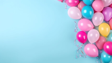 Colorful baloon on pastel blue background with copy space.