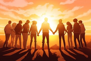 Holding Hands in a Circle united at sunny day, 2d illustrator vector Generative AI